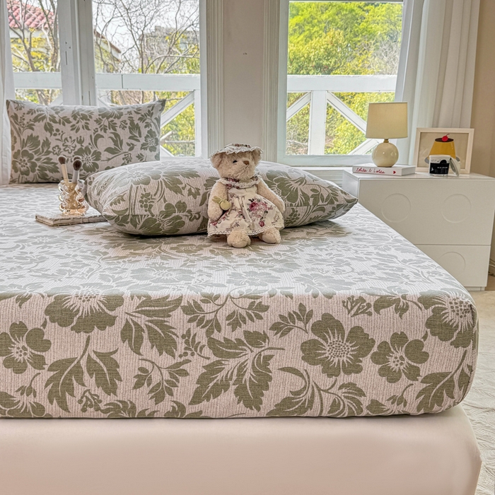 91家纺网 家纺一手货源 找家纺 韩巢家纺 2025新款全棉纯棉田园小清新花卉老粗布席子凉席夏季凉席席子床笠款床套 青花-绿