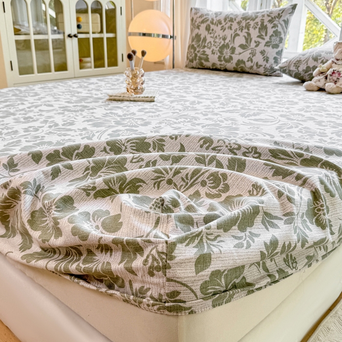 91家纺网 家纺一手货源 找家纺 韩巢家纺 2025新款全棉纯棉田园小清新花卉老粗布席子凉席夏季凉席席子床笠款床套 青花-绿