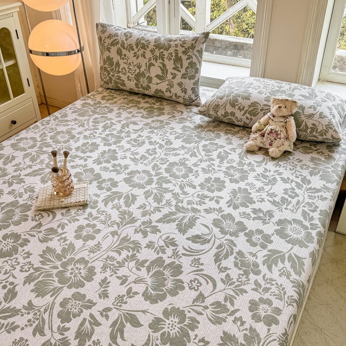 91家纺网 家纺一手货源 找家纺 韩巢家纺 2025新款全棉纯棉田园小清新花卉老粗布席子凉席夏季凉席席子床笠款床套 青花-绿