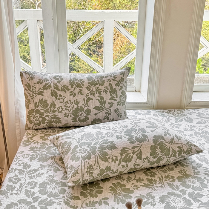 91家纺网 家纺一手货源 找家纺 韩巢家纺 2025新款全棉纯棉田园小清新花卉老粗布席子凉席夏季凉席席子床笠款床套 青花-绿