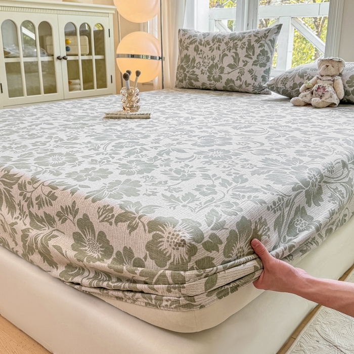 91家纺网 家纺一手货源 找家纺 韩巢家纺 2025新款全棉纯棉田园小清新花卉老粗布席子凉席夏季凉席席子床笠款床套 青花-绿