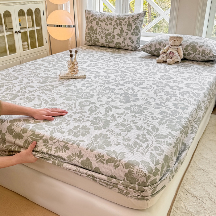 91家纺网 家纺一手货源 找家纺 韩巢家纺 2025新款全棉纯棉田园小清新花卉老粗布席子凉席夏季凉席席子床笠款床套 青花-绿