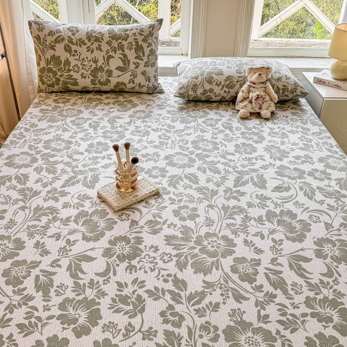 91家纺网 家纺一手货源 找家纺 韩巢家纺 2025新款全棉纯棉田园小清新花卉老粗布席子凉席夏季凉席席子床笠款床套 青花-绿