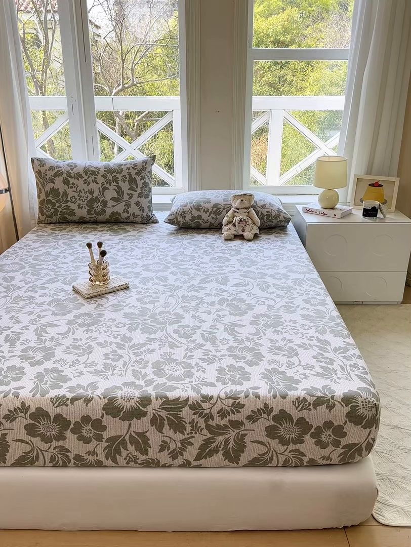 91家纺网 家纺一手货源 找家纺 韩巢家纺 2025新款全棉纯棉田园小清新花卉老粗布席子凉席夏季凉席席子床笠款床套 青花-绿