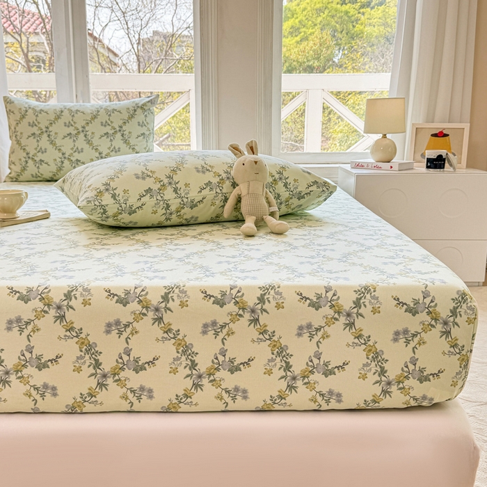 91家纺网 家纺一手货源 找家纺 韩巢家纺 2025新款全棉纯棉田园小清新花卉老粗布席子凉席夏季凉席席子床笠款床套 香颂