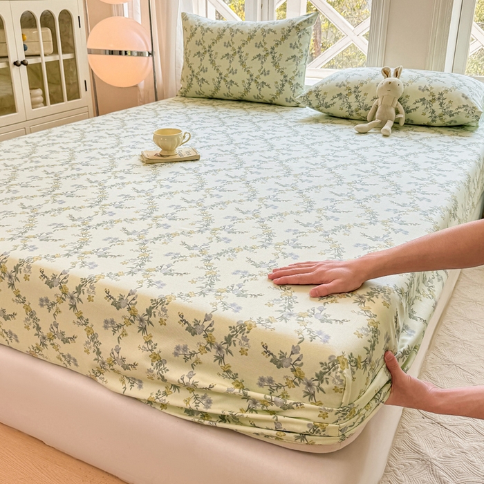 91家纺网 家纺一手货源 找家纺 韩巢家纺 2025新款全棉纯棉田园小清新花卉老粗布席子凉席夏季凉席席子床笠款床套 香颂