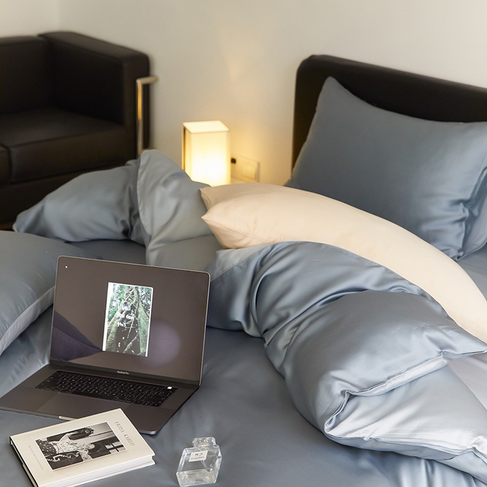 91家纺网 家纺一手货源 找家纺 咏绒家纺工厂店 2025新款60S奥地利兰精天丝轻奢四件套系列（风格二） 灰蓝色-冰川灰