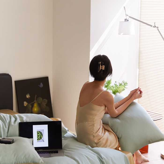 91家纺网 家纺一手货源 找家纺 咏绒家纺工厂店 2025新款60S奥地利兰精天丝轻奢四件套系列（风格二） 浅艾绿-香槟金