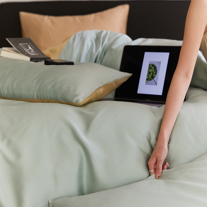 91家纺网 家纺一手货源 找家纺 咏绒家纺工厂店 2025新款60S奥地利兰精天丝轻奢四件套系列（风格二） 浅艾绿-香槟金