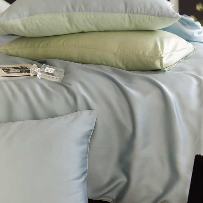 91家纺网 家纺一手货源 找家纺 咏绒家纺工厂店 2025新款60S奥地利兰精天丝轻奢四件套系列（风格二） 天空蓝-浅艾绿