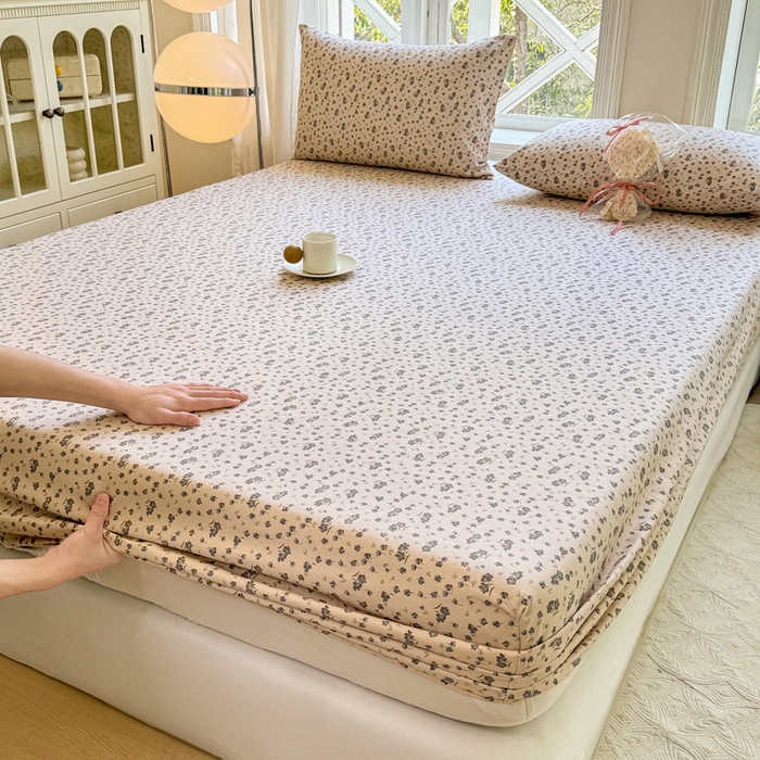 91家纺网 家纺一手货源 找家纺 韩巢家纺 2025新款全棉纯棉田园小清新花卉老粗布席子凉席夏季凉席席子床笠款床套 紫韵