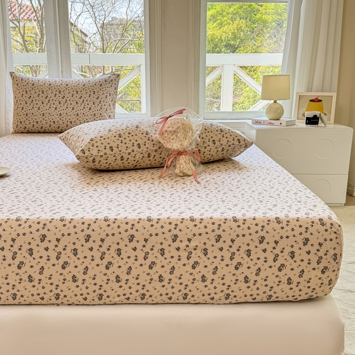 91家纺网 家纺一手货源 找家纺 韩巢家纺 2025新款全棉纯棉田园小清新花卉老粗布席子凉席夏季凉席席子床笠款床套 紫韵