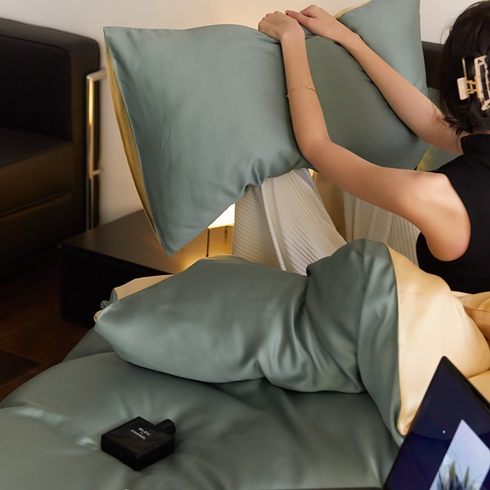 91家纺网 家纺一手货源 找家纺 咏绒家纺工厂店 2025新款60S奥地利兰精天丝轻奢四件套系列（风格二） 天青色-香槟金