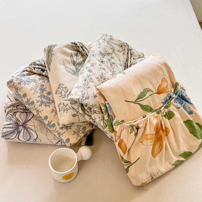 91家纺网 家纺一手货源 找家纺 韩巢家纺 2025新款全棉纯棉田园小清新花卉老粗布席子凉席夏季凉席席子床笠款床套 组合图（仅展示）