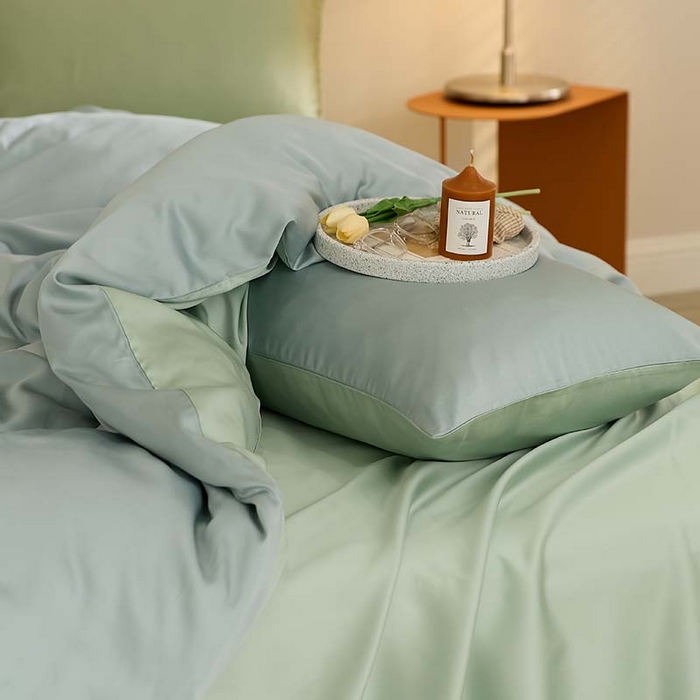 91家纺网 家纺一手货源 找家纺 咏绒家纺工厂店 2025新款60S奥地利兰精天丝轻奢系列（风格三） 天空蓝-浅艾绿