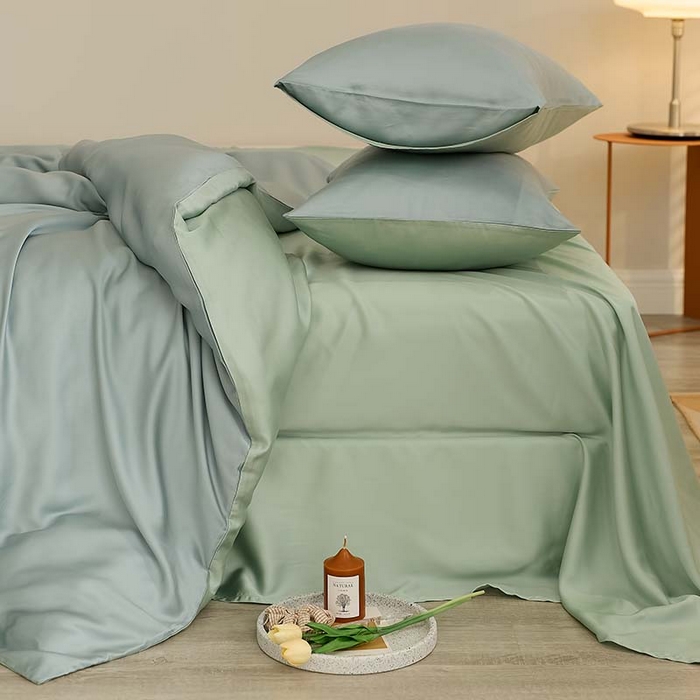 91家纺网 家纺一手货源 找家纺 咏绒家纺工厂店 2025新款60S奥地利兰精天丝轻奢系列（风格三） 天空蓝-浅艾绿