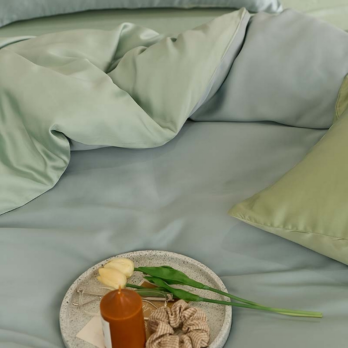 91家纺网 家纺一手货源 找家纺 咏绒家纺工厂店 2025新款60S奥地利兰精天丝轻奢系列（风格三） 天空蓝-浅艾绿