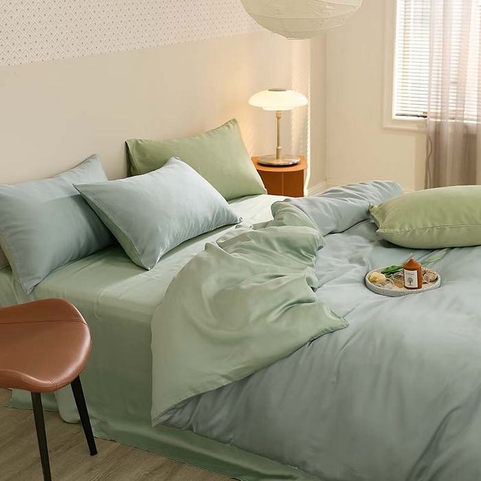 91家纺网 家纺一手货源 找家纺 咏绒家纺工厂店 2025新款60S奥地利兰精天丝轻奢系列（风格三） 天空蓝-浅艾绿