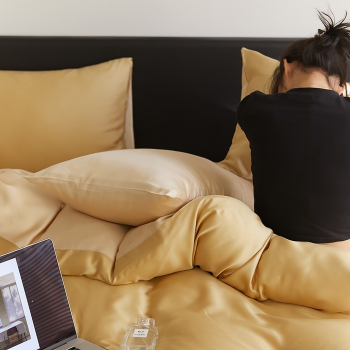 91家纺网 家纺一手货源 找家纺 咏绒家纺工厂店 2025新款60S奥地利兰精天丝轻奢四件套系列（风格二） 芝士黄-沙茶色