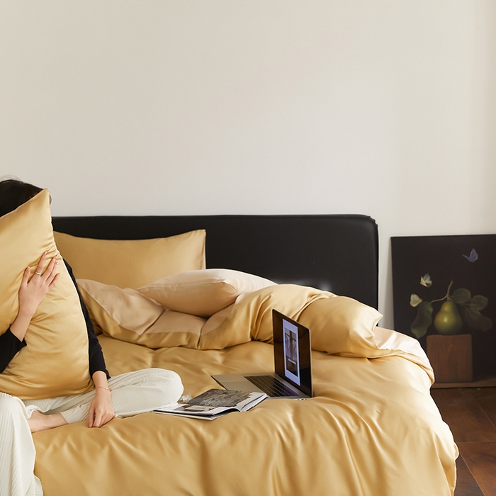 91家纺网 家纺一手货源 找家纺 咏绒家纺工厂店 2025新款60S奥地利兰精天丝轻奢四件套系列（风格二） 芝士黄-沙茶色