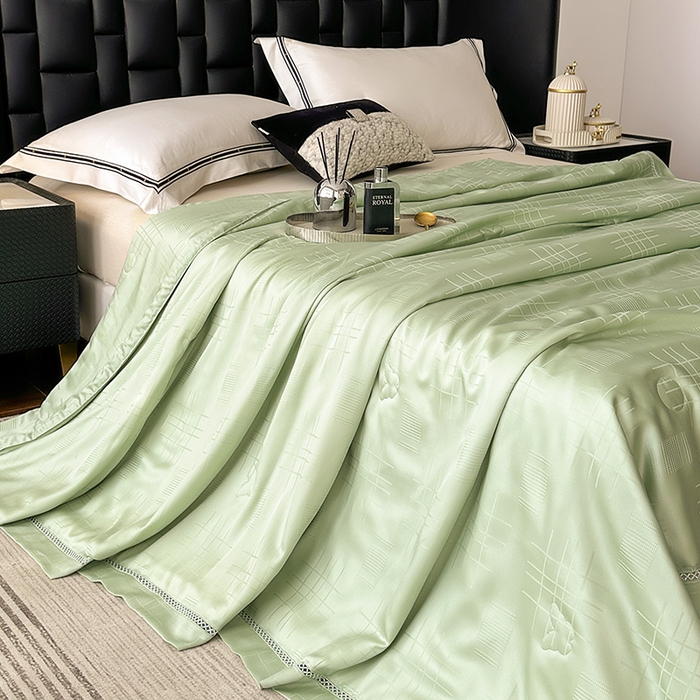 91家纺网 家纺一手货源 找家纺 蜜柚 2025新款卡伦50s莱赛尔天丝提花工艺夏被夏凉被空调被 卡伦绿