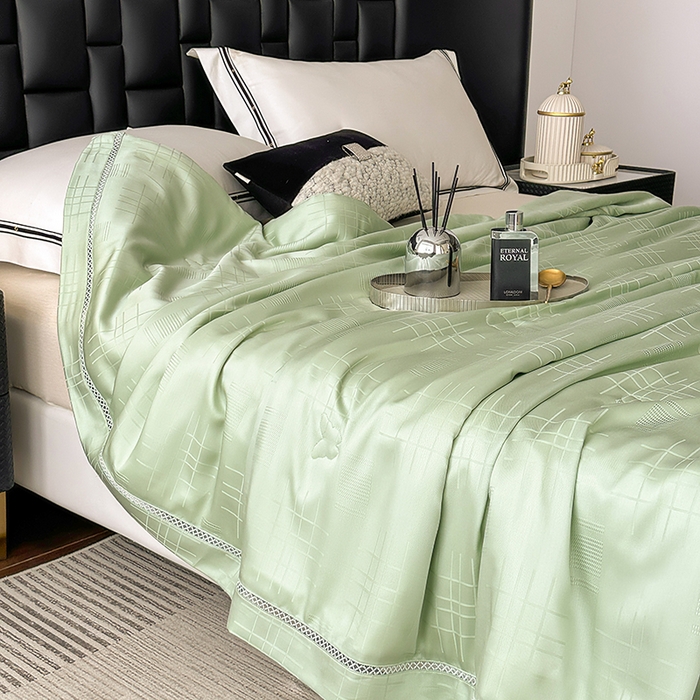 91家纺网 家纺一手货源 找家纺 蜜柚 2025新款卡伦50s莱赛尔天丝提花工艺夏被夏凉被空调被 卡伦绿