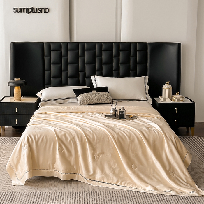 91家纺网 家纺一手货源 找家纺 蜜柚 2025新款卡伦50s莱赛尔天丝提花工艺夏被夏凉被空调被 卡伦金