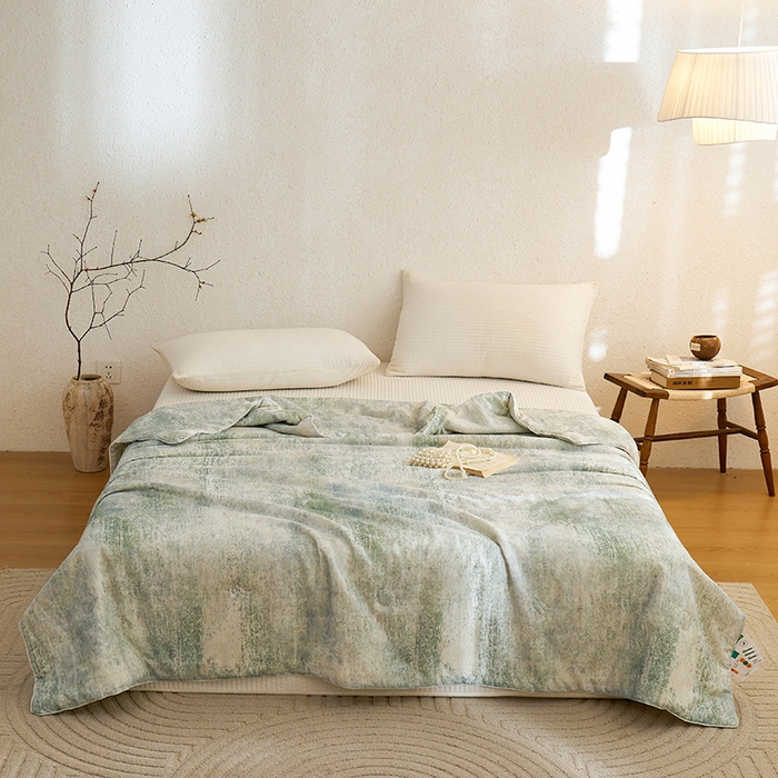 91家纺网 家纺一手货源 找家纺 蜜柚 2025新款赛瑞娜复古系列 A类全棉纯棉60支有氧双层纱复古夏被夏凉被空调被 约定绿