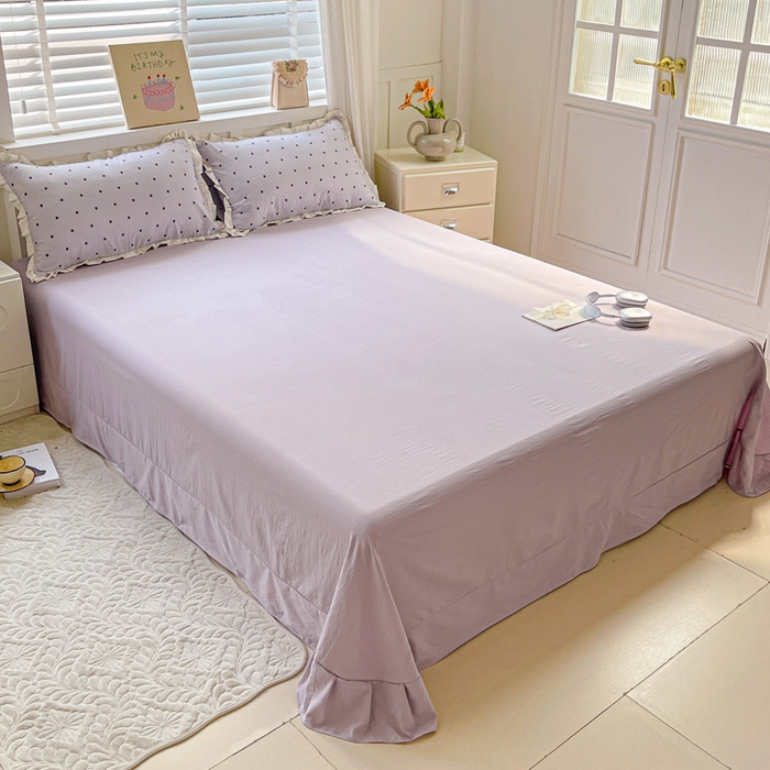 91家纺网 家纺一手货源 找家纺 暖芯优选 2025新款直播热款赫本风花边款针织法式印花吊边床单三件套床笠四件套 波点-紫