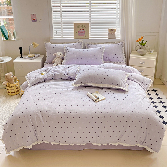 91家纺网 家纺一手货源 找家纺 暖芯优选 2025新款直播热款赫本风花边款针织法式印花吊边床单三件套床笠四件套 波点-紫