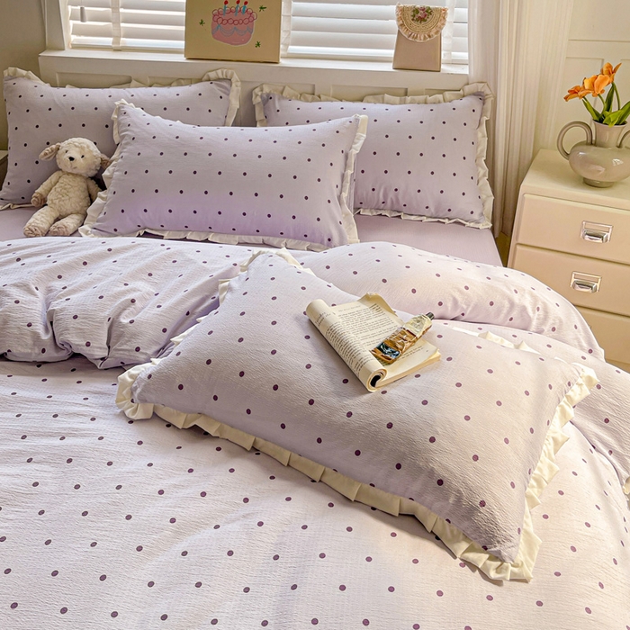 91家纺网 家纺一手货源 找家纺 暖芯优选 2025新款直播热款赫本风花边款针织法式印花吊边床单三件套床笠四件套 波点-紫