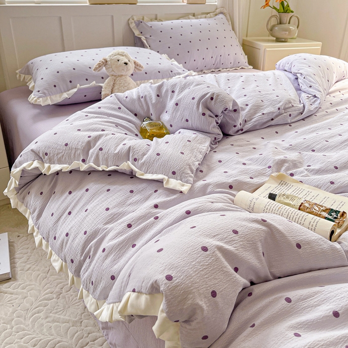 91家纺网 家纺一手货源 找家纺 暖芯优选 2025新款直播热款赫本风花边款针织法式印花吊边床单三件套床笠四件套 波点-紫