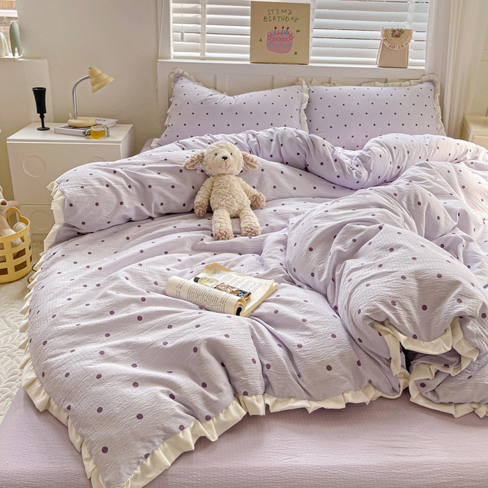 91家纺网 家纺一手货源 找家纺 暖芯优选 2025新款直播热款赫本风花边款针织法式印花吊边床单三件套床笠四件套 波点-紫