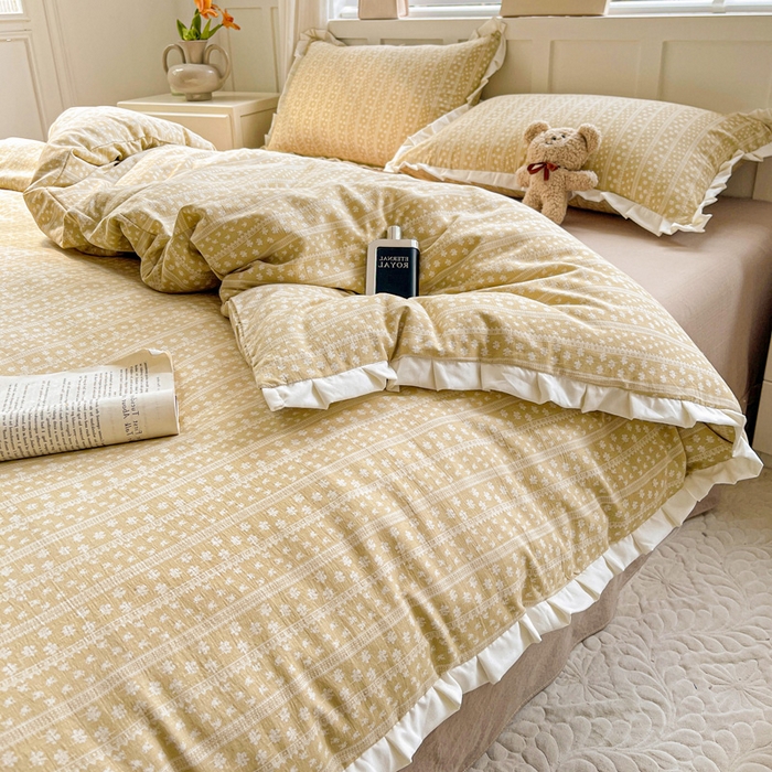 91家纺网 家纺一手货源 找家纺 暖芯优选 2025新款直播热款赫本风花边款针织法式印花吊边床单三件套床笠四件套 莫奈