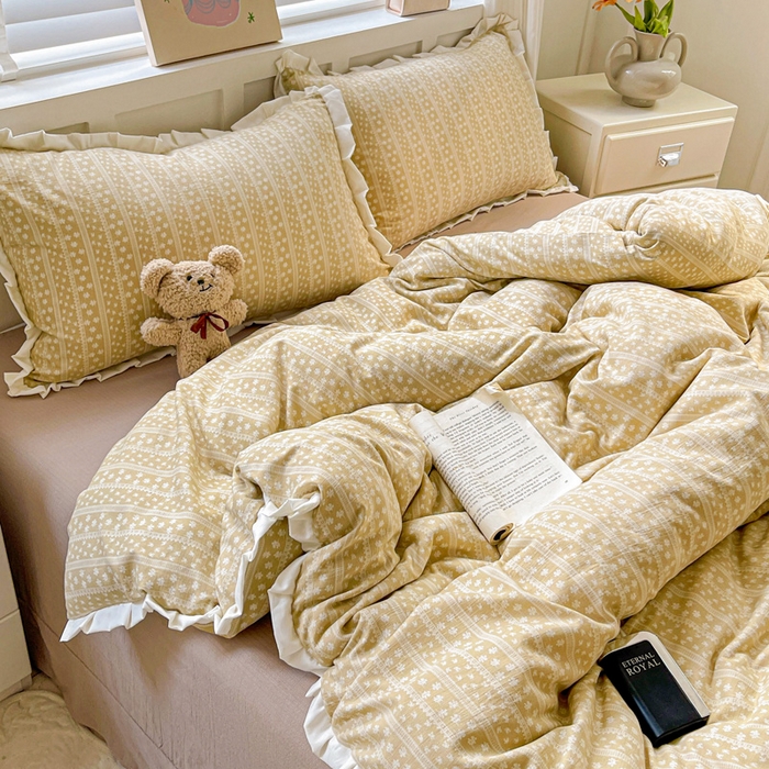 91家纺网 家纺一手货源 找家纺 暖芯优选 2025新款直播热款赫本风花边款针织法式印花吊边床单三件套床笠四件套 莫奈