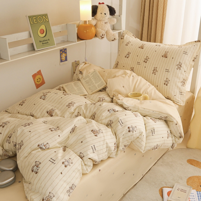 91家纺网 家纺一手货源 找家纺 天之爱 2025新款全棉纯棉印花三件套学生六件套 条纹熊