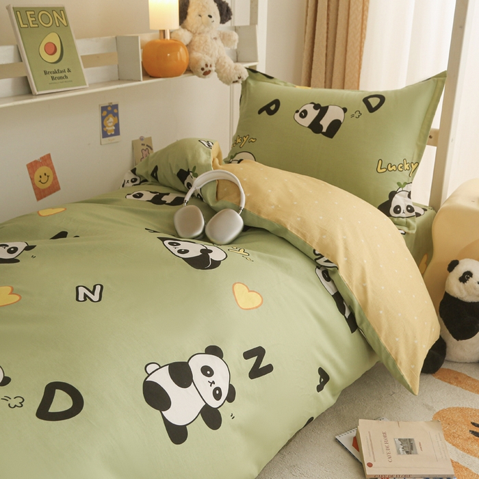 91家纺网 家纺一手货源 找家纺 天之爱 2025新款全棉纯棉印花三件套学生六件套 熊猫宝贝