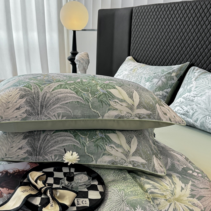 91家纺网 家纺一手货源 找家纺 洺兰家居 2025春夏新款100支莱赛尔天丝贡缎数码印花麻绳款四件套高端礼盒 阡陌丛林灰