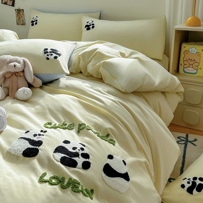 91家纺网 家纺一手货源 找家纺 易展家居 2025新款加厚水洗棉四件套-熊猫 春黄
