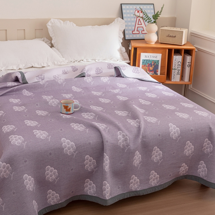 91家纺网 家纺一手货源 找家纺 2025新款A类纯棉针织三层纱提花多功能毯 紫色-葡萄