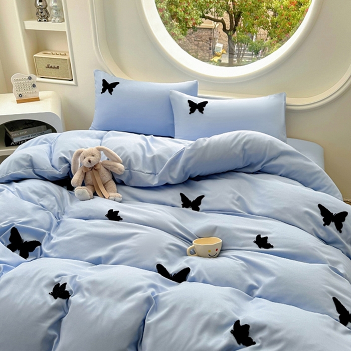 91家纺网 家纺一手货源 找家纺 迪拜家纺 2025新款加厚水洗棉四件套-蝴蝶 蝴蝶-蓝