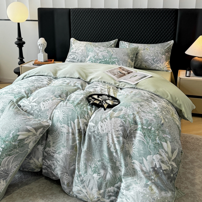 91家纺网 家纺一手货源 找家纺 洺兰家居 2025春夏新款100支莱赛尔天丝贡缎数码印花麻绳款四件套高端礼盒 阡陌丛林灰