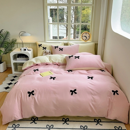 易展家居 2025新款加厚水洗棉四件套-蝴蝶结 蝴蝶结-粉+黄