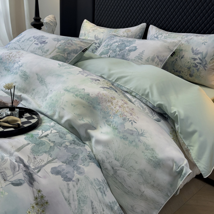 91家纺网 家纺一手货源 找家纺 洺兰家居 2025春夏新款100支莱赛尔天丝贡缎数码印花麻绳款四件套高端礼盒 远山黛兰绿