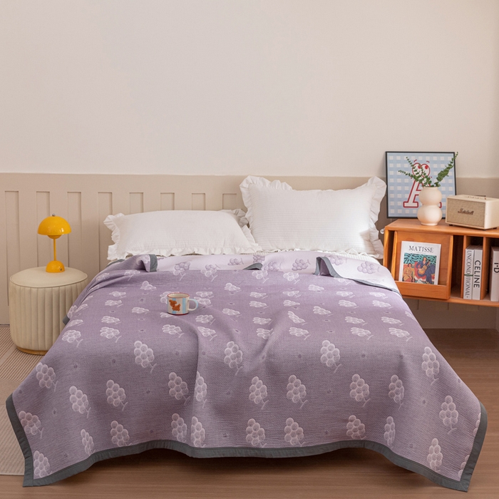 91家纺网 家纺一手货源 找家纺 2025新款A类纯棉针织三层纱提花多功能毯 紫色-葡萄