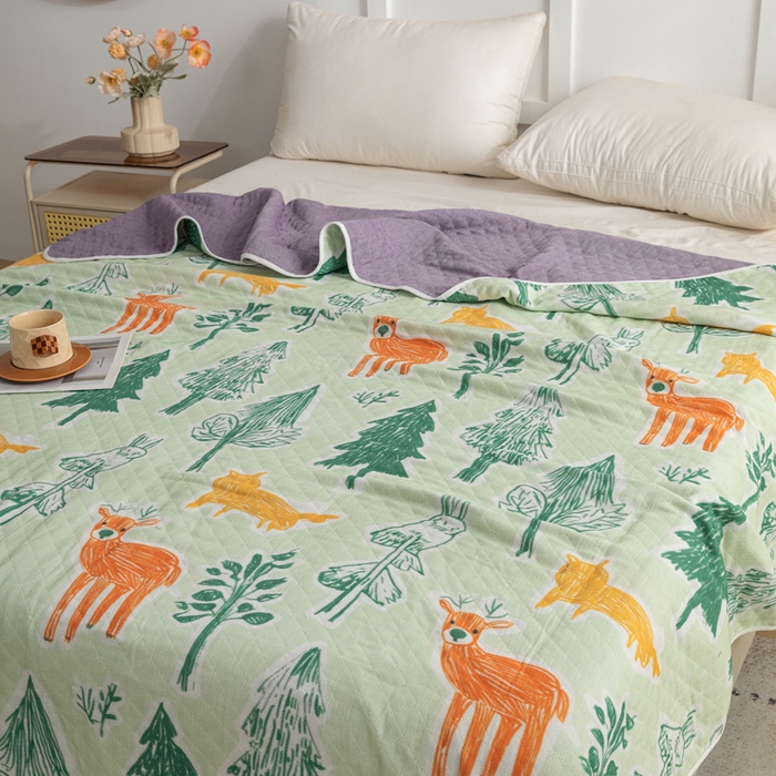 91家纺网 家纺一手货源 找家纺 乐家毛巾被（工厂自产自销） 2025新款A类全棉六层纱印花毛巾被 简笔森林