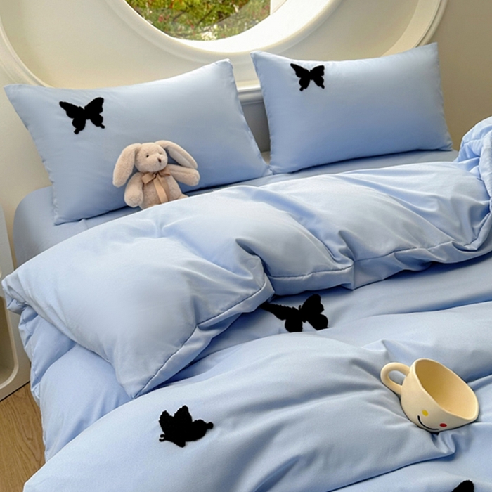 91家纺网 家纺一手货源 找家纺 迪拜家纺 2025新款加厚水洗棉四件套-蝴蝶 蝴蝶-蓝