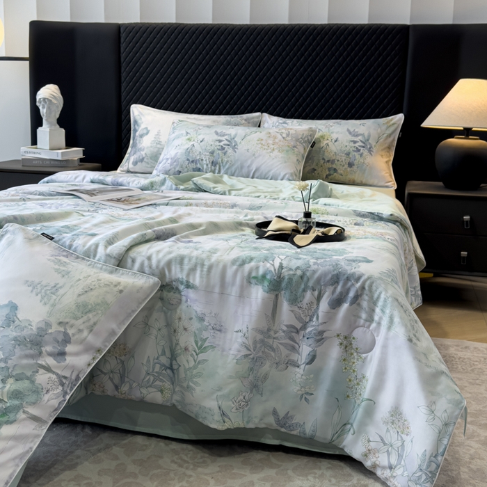 91家纺网 家纺一手货源 找家纺 洺兰家居 2025春夏新款100支莱赛尔天丝贡缎数码印花麻绳款四件套高端礼盒 远山黛兰绿