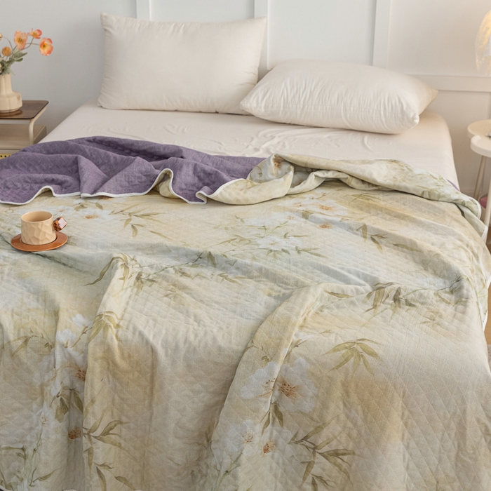 91家纺网 家纺一手货源 找家纺 乐家毛巾被（工厂自产自销） 2025新款A类全棉六层纱印花毛巾被 绿色茶花