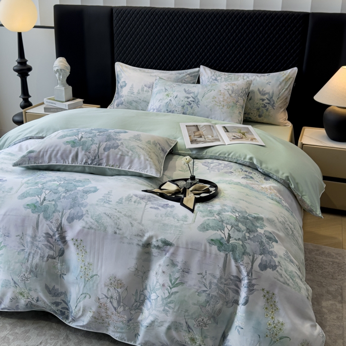 91家纺网 家纺一手货源 找家纺 芊寻家居 2025春夏新款50支莱赛尔天丝贡缎数码印花麻绳款四件套高端礼盒 远山黛兰绿